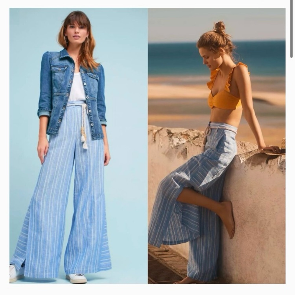 Ett:Twa by Anthropologie High Waisted Linen Striped Wide Leg Palazzo Pants, Sz 2